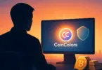 Egy férfi sziluettje figyeli a CoinColors logó fényét a monitoron, miközben a napfelkelte meleg fénye ragyog a háttérben
