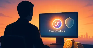 Egy férfi sziluettje figyeli a CoinColors logó fényét a monitoron, miközben a napfelkelte meleg fénye ragyog a háttérben