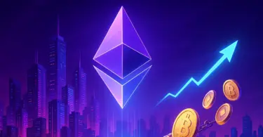 Neonfényben ragyogó Ethereum-logó lebeg egy futurisztikus, lila–kék cyberpunk város felett, háttérben fénylő növekedési nyíllal