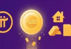 Pi Network logó, PiUSD érme és RWA szimbólumok (ház, aranyrúd, dokumentum) arany színben, lila háttéren