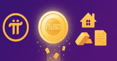 Pi Network logó, PiUSD érme és RWA szimbólumok (ház, aranyrúd, dokumentum) arany színben, lila háttéren